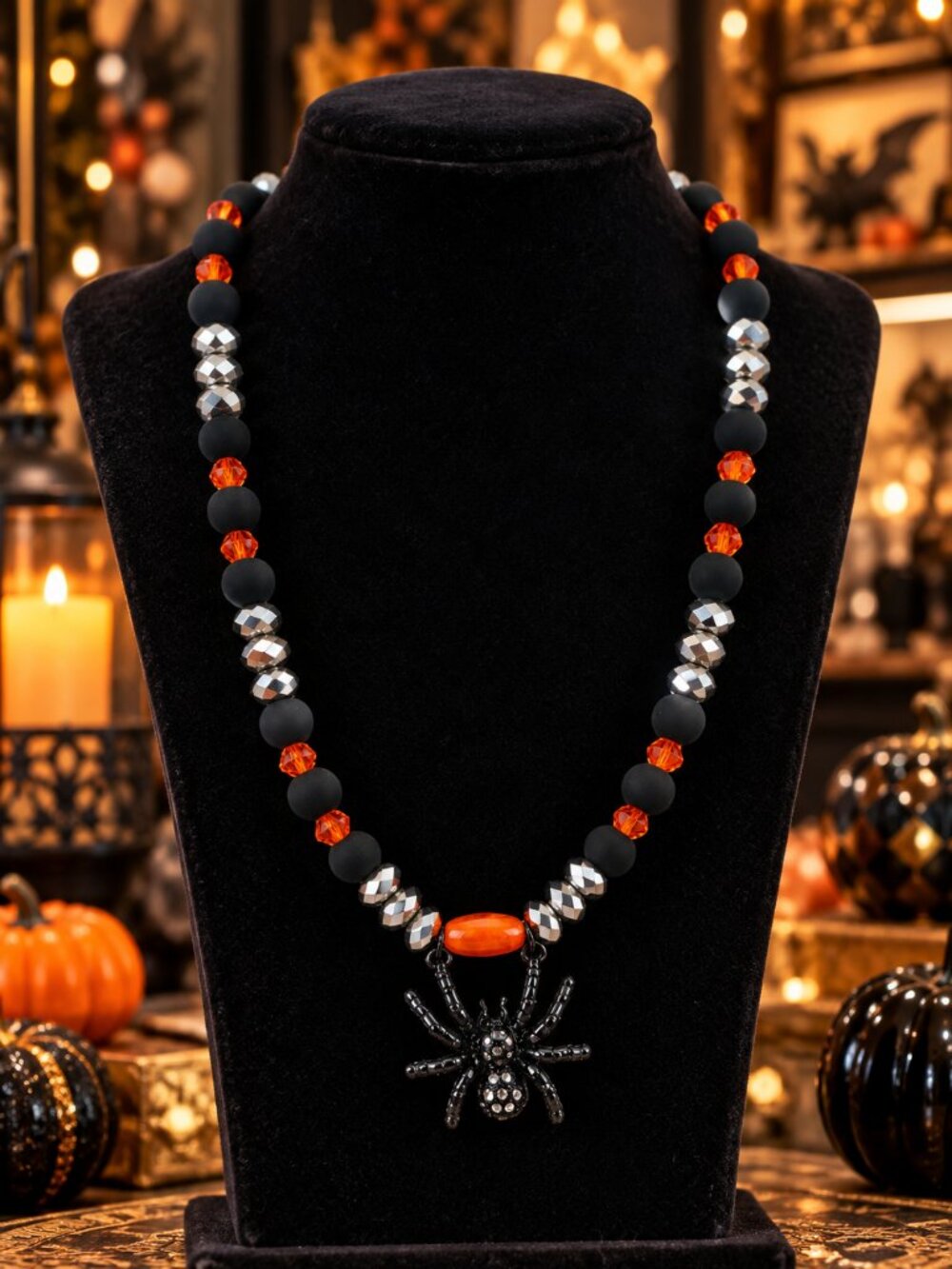 Halloween Spider Necklace, Black Orange Beaded Statement Necklace, Rhinestone